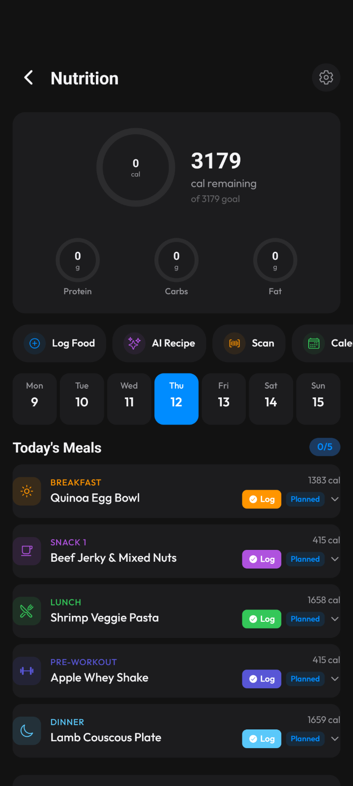 BLES nutrition tracking with daily meal plan and calorie ring