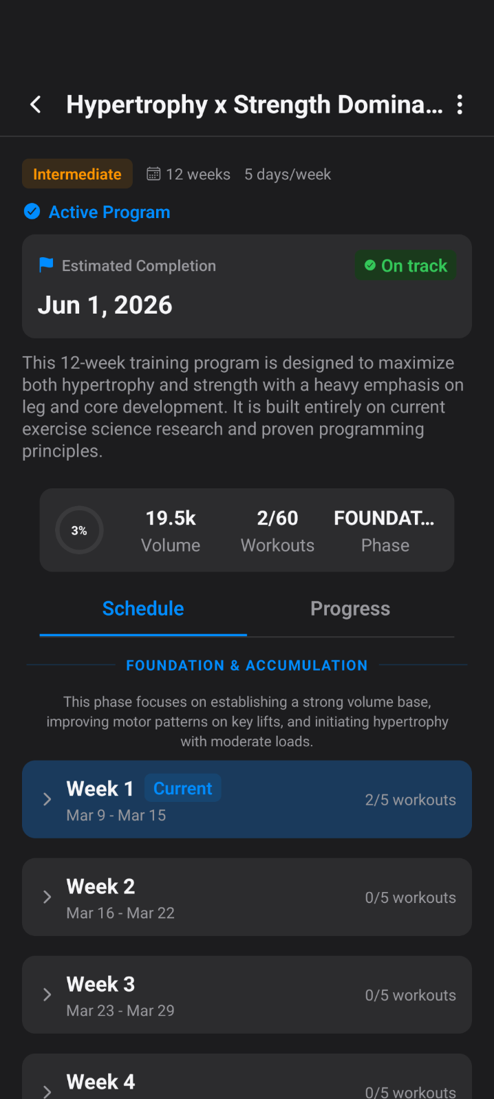 BLES workout program with phased training schedule